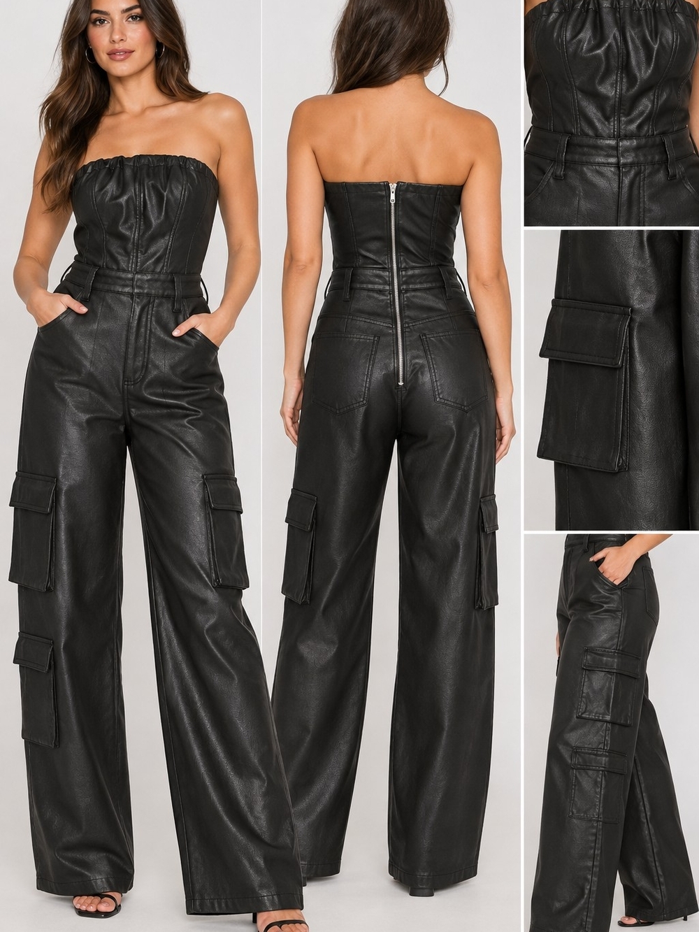 NWT PrettyLittleThing Black Faux Leather Strapless Cargo Jumpsuit - Size 4